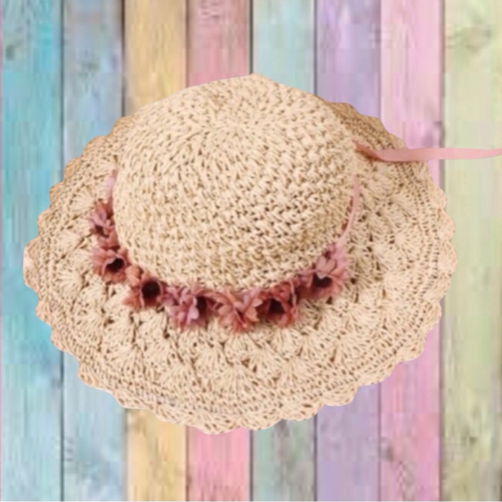 Beige Boho Pink Purple Flower Detailed Straw Hat